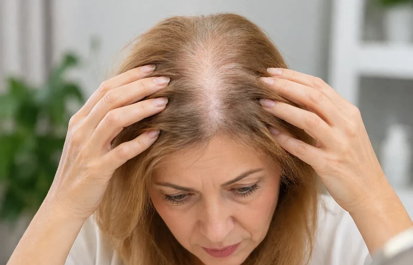 Wypadanie włosów w menopauzie – przerzedzenie włosów u kobiety na czubku głowy MenoPedia